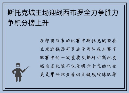 斯托克城主场迎战西布罗全力争胜力争积分榜上升